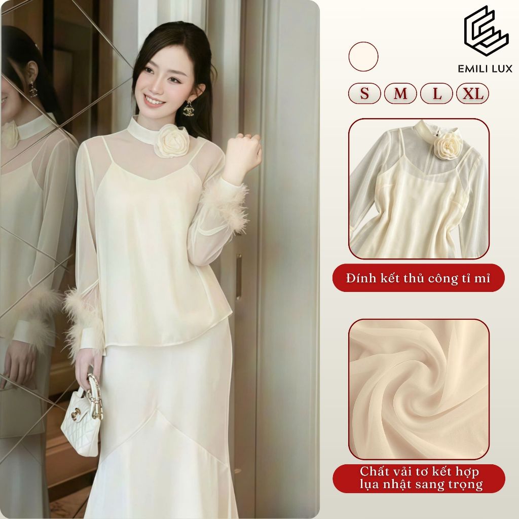 Set áo dài tay voan phối lông sang chảnh + váy dài tiểu thư – Đi tiệc, chụp ảnh Emili Design B123