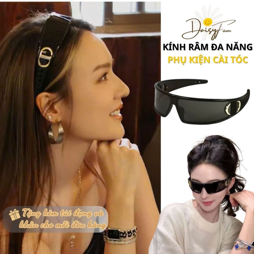 Kính mát thời trang cao cấp râm đen băng đô cài tóc cá tính vòng cung chữ D mùa hè đi biển bảo vệ mắt