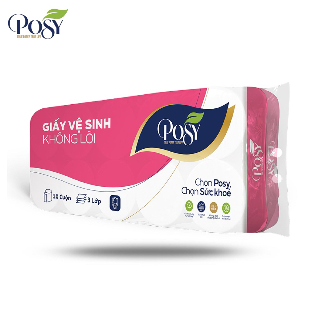 giấy vệ sinh Posy không lõi bịch 10 cuộn 3 lớp ( tặng kèm giấy rút)