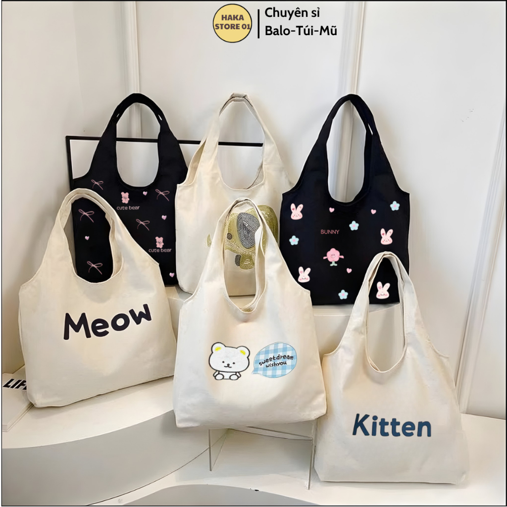 Túi tote vải canvas Helo munu,Labubu nữ đựng vừa laptop cỡ lớn đeo vai phong cách Nhật Bản,đi học đi chơi đi làm