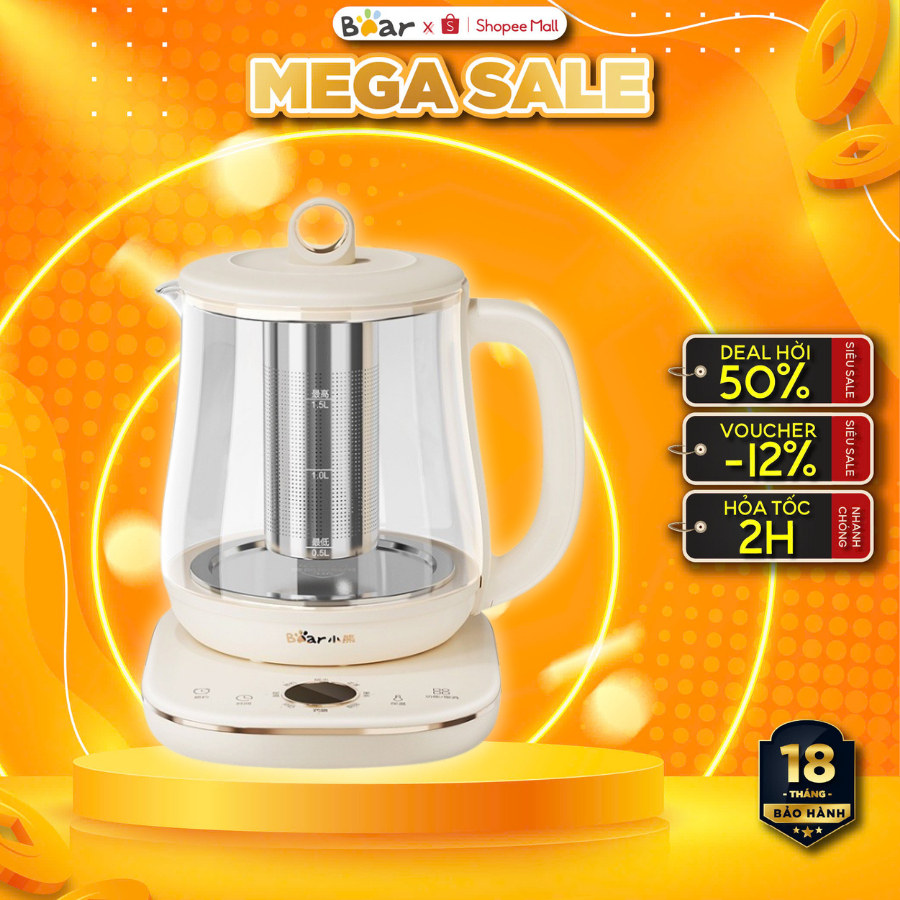 Ấm Đun Pha Trà 1.5L Siêu Tốc Mini Đa Năng Bear YSH-E15M1 - CS 800W- Có lõi lọc Inox- BH 18 Tháng