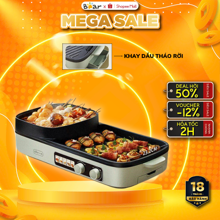 Nồi lẩu nướng điện 2 trong 1 Bear DKL- E20V1, 2000W, 3.5L, Khay Hứng Dầu, Chống Dính, BH 18 tháng
