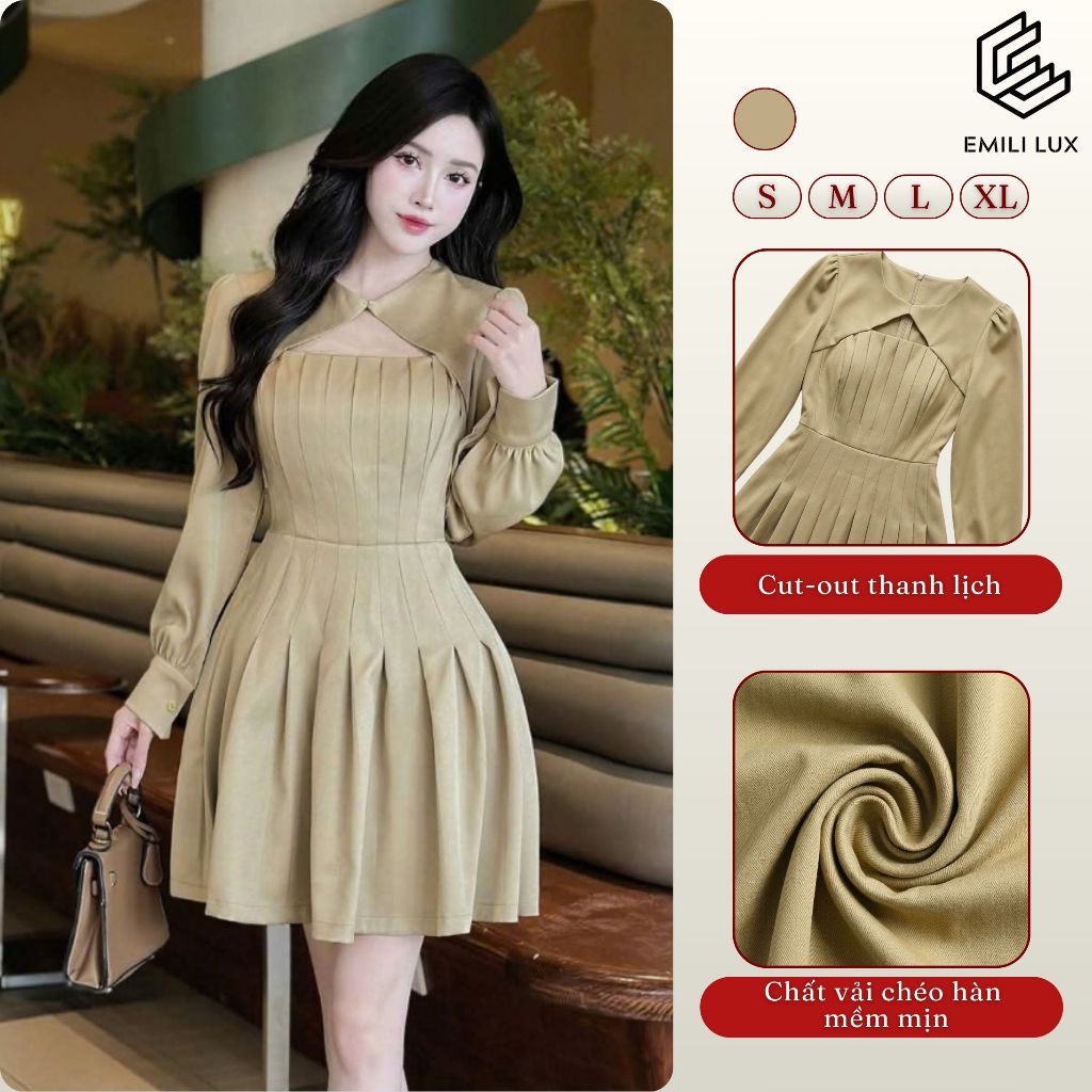 Váy liền thân tay dài dáng ngắn EMILI DESIGN váy đi tiệc xếp ly phong cách Hàn Quốc [T1047]