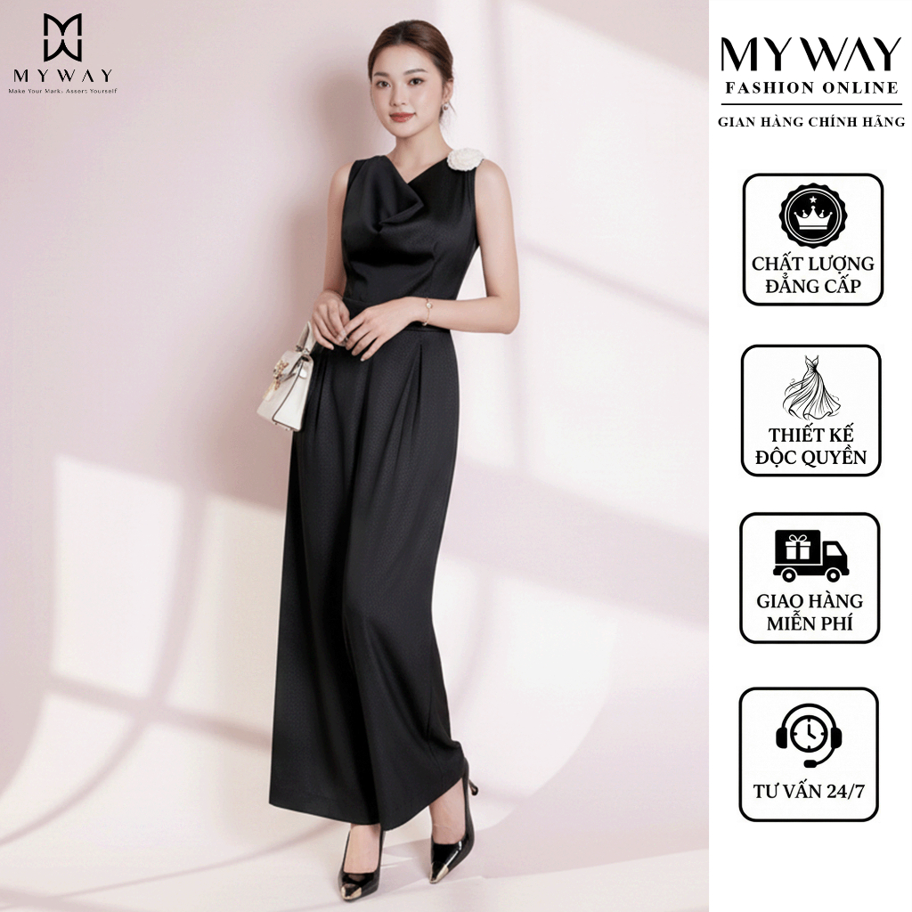 Jumpsuit Dài Ống Rộng Đen Hoa Cài MY WAY Elegant Fashion Thanh Tao Hiện Đại 1MQLA1758H