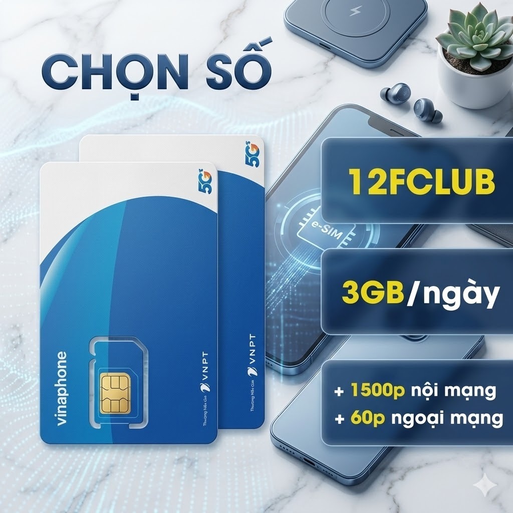 Sim 5G Vinaphone 12FCLUB CHỌN SỐ dùng 12 tháng có 3gb/ngay + 1500p ngoại mạng + 60p ngoại mạng.