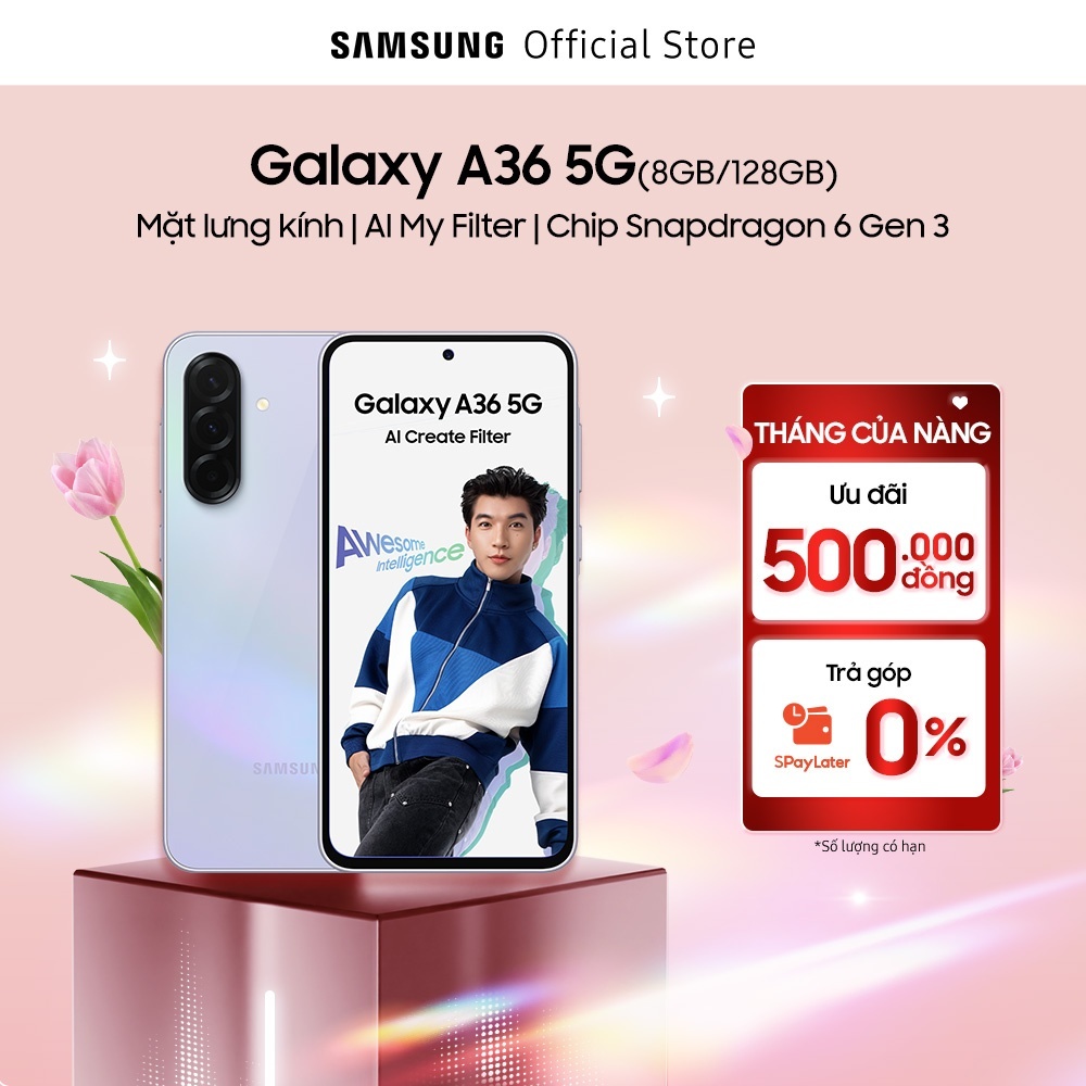 Điện thoại Samsung Galaxy A36 5G (8/128GB), Màn Hình FHD 6.7”, Mặt lưng kính, AI-Create Filter, Chip Snapdragon 6 Gen 3