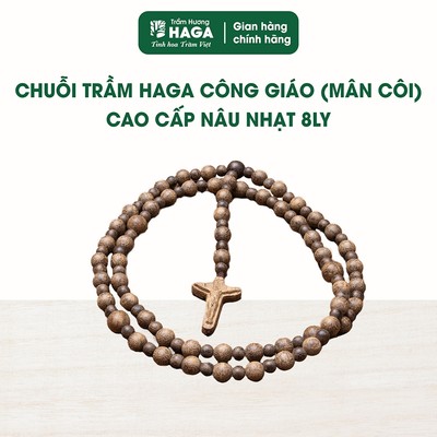 Chuỗi trầm HAGA công giáo (mân côi) cao cấp nâu nhạt 8ly, kèm Thánh giá
