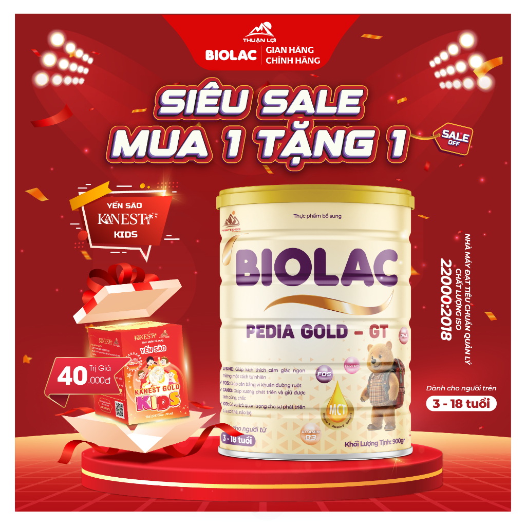 BIOLAC PEDIA GOLD GT 900g – Sữa bột dinh dưỡng cho trẻ 3–18 tuổi DHA MCT Lysine FOS
