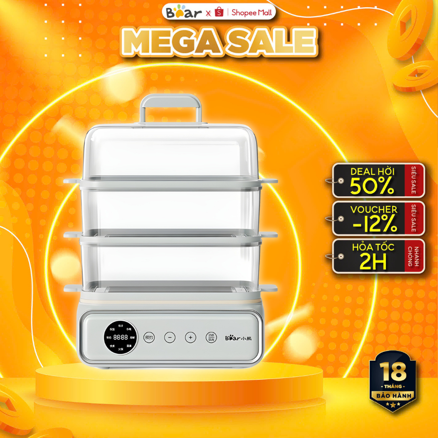 Nồi Hấp Điện 3 Tầng 21.5L Bear DZG-P20W7, 1200W, Kèm Nấu Lẩu Đa Năng,Tháo rời Dễ Vệ Sinh,BH 18 Tháng