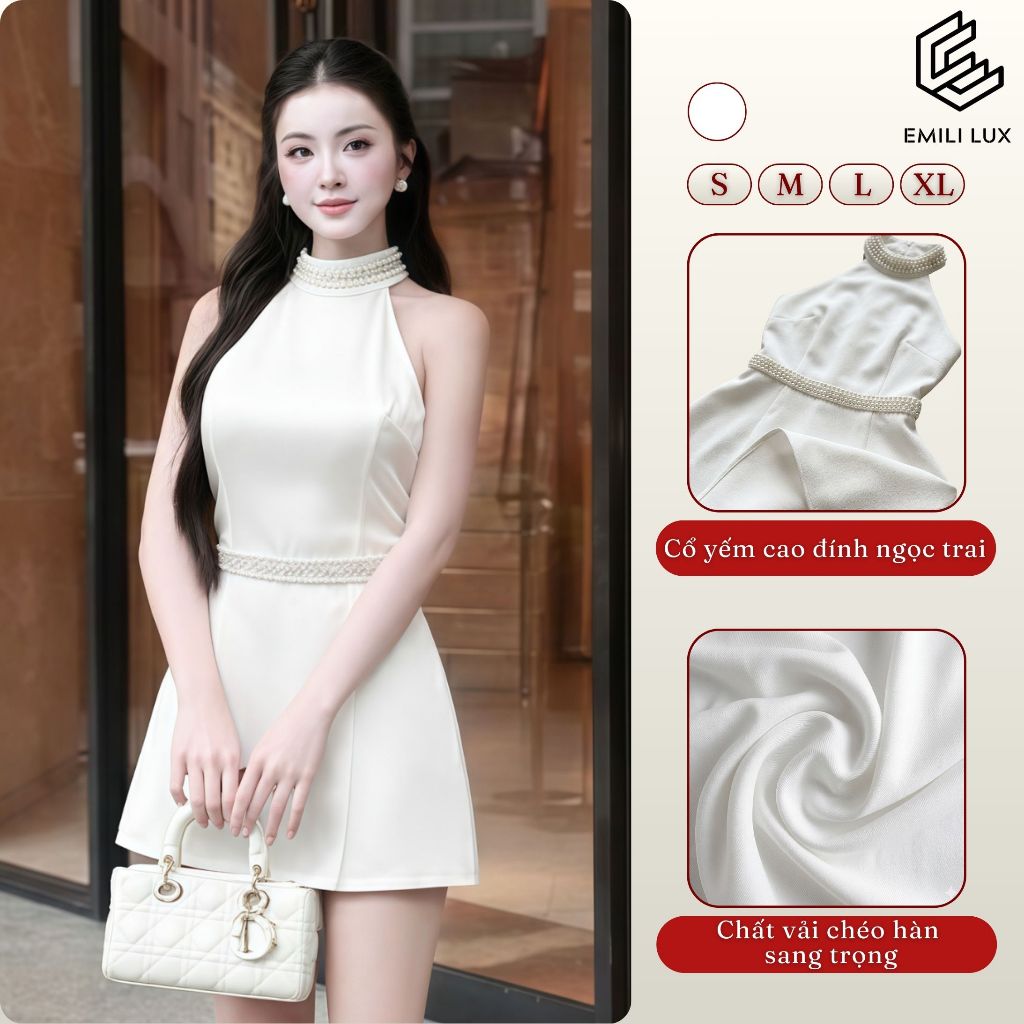 Váy ngắn trắng đi tiệc Emili Design cổ yếm chiết eo sang trọng [V286]