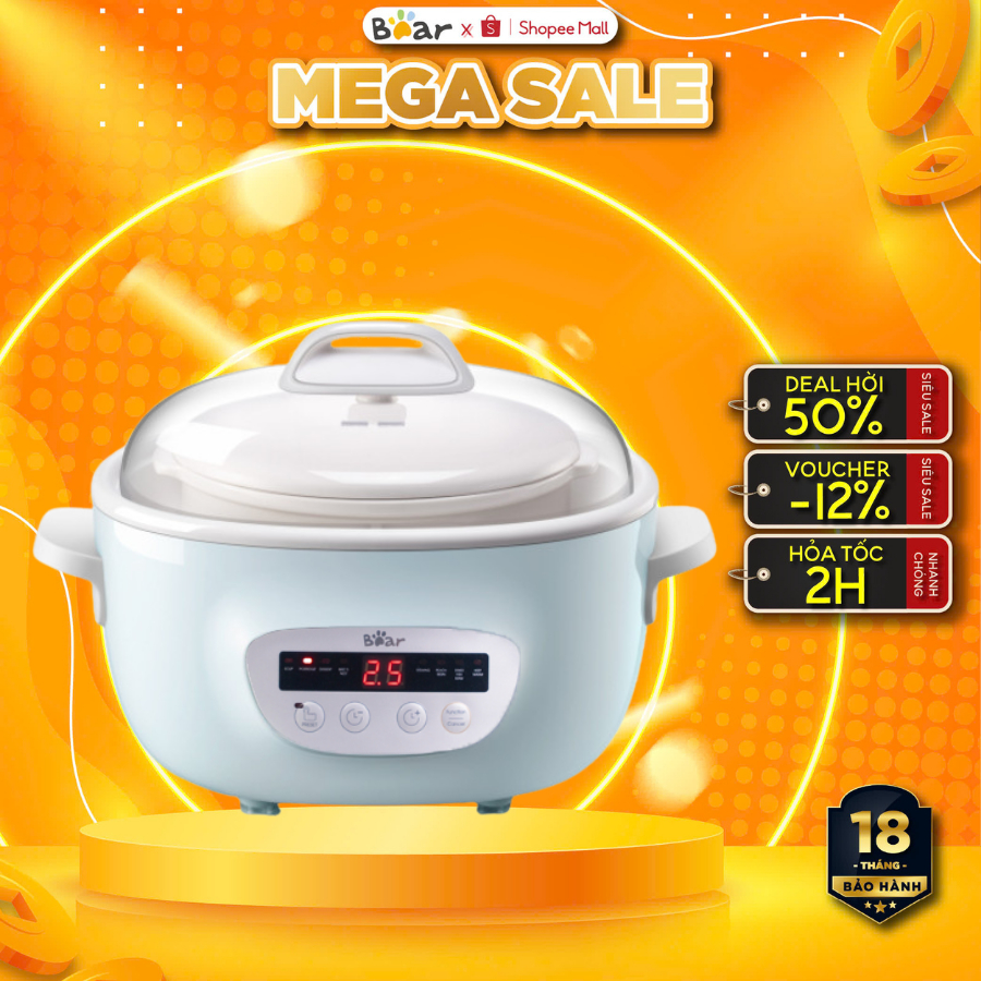 Nồi Nấu Chậm 2,5L Bear SUBE003 Chính Hãng, 220W, Đa Năng Bản Tiếng Việt Kèm Lồng Hấp, BH 18 Tháng