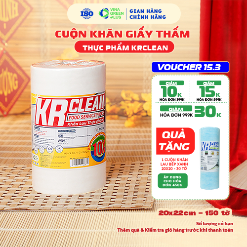 Cuộn khăn giấy thấm thực phẩm KRCLEAN 150 tờ siêu dai thấm hút nước, lau đa năng, thấm thịt cá, giấy