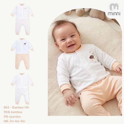 Bộ dài tay cho bé sơ sinh Minni Ualarogo newborn tới 9 tháng tuổi vải Sợi tre Bamboo mềm mại 862