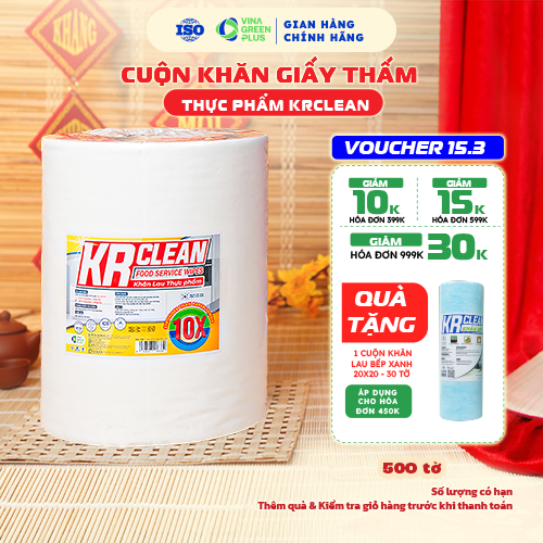 Cuộn khăn giấy thấm thực phẩm KRCLEAN 500 tờ thấm hút nước siêu dai giấy lau đa năng, thấm thịt cá, 