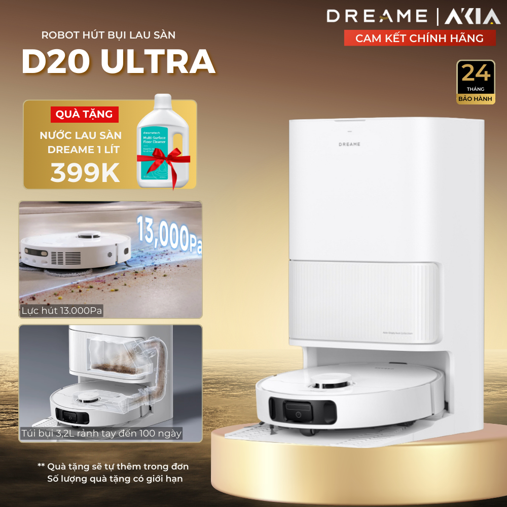 Robot hút bụi lau sàn Dreame D20 Ultra - Lực hút 13.000Pa - Trạm sạc đa năng rảnh tay đến 100 ngày -