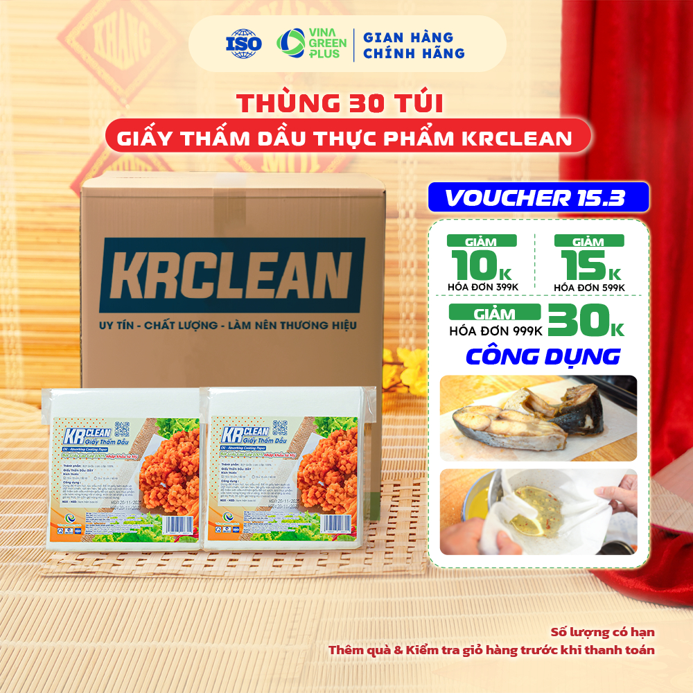 Thùng 30 túi Giấy thấm dầu thực phẩm Krclean thấm hút dầu mỡ thức ăn đồ chiên rán an toàn thực phẩm