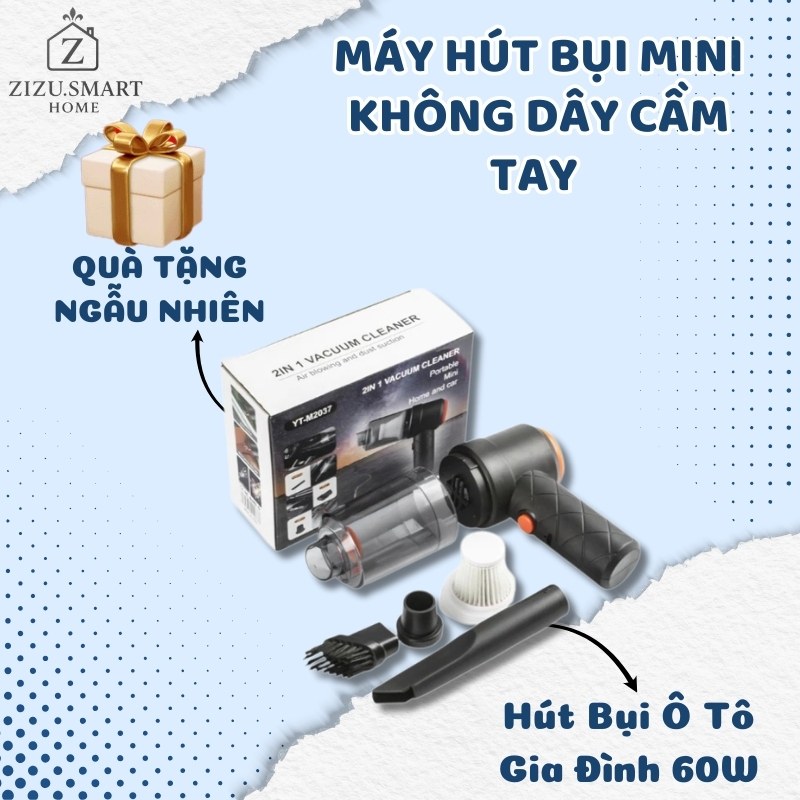 Máy Hút Bụi Mini Không Dây Cầm Tay 2in1, Hút Bụi Ô Tô Gia Đình 60W