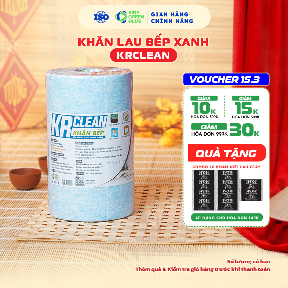 Khăn Giấy lau bếp xanh KRCLEAN 200 tờ 20x20cm siêu sạch, thấm hút tốt, lau chén bát, lau bề mặt căn bếp