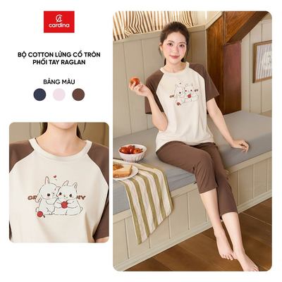 Đồ bộ nữ CARDINA chất cotton cổ tròn phối tay raglan quần lửng 6BCL02
