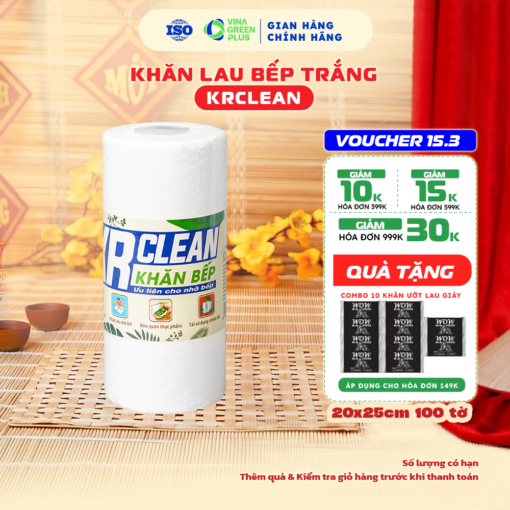 Cuộn khăn giấy lau bếp trắng KRCLEAN 100 tờ , giấy lau đa năng, giấy lau bếp siêu thấm hút, lau tay,