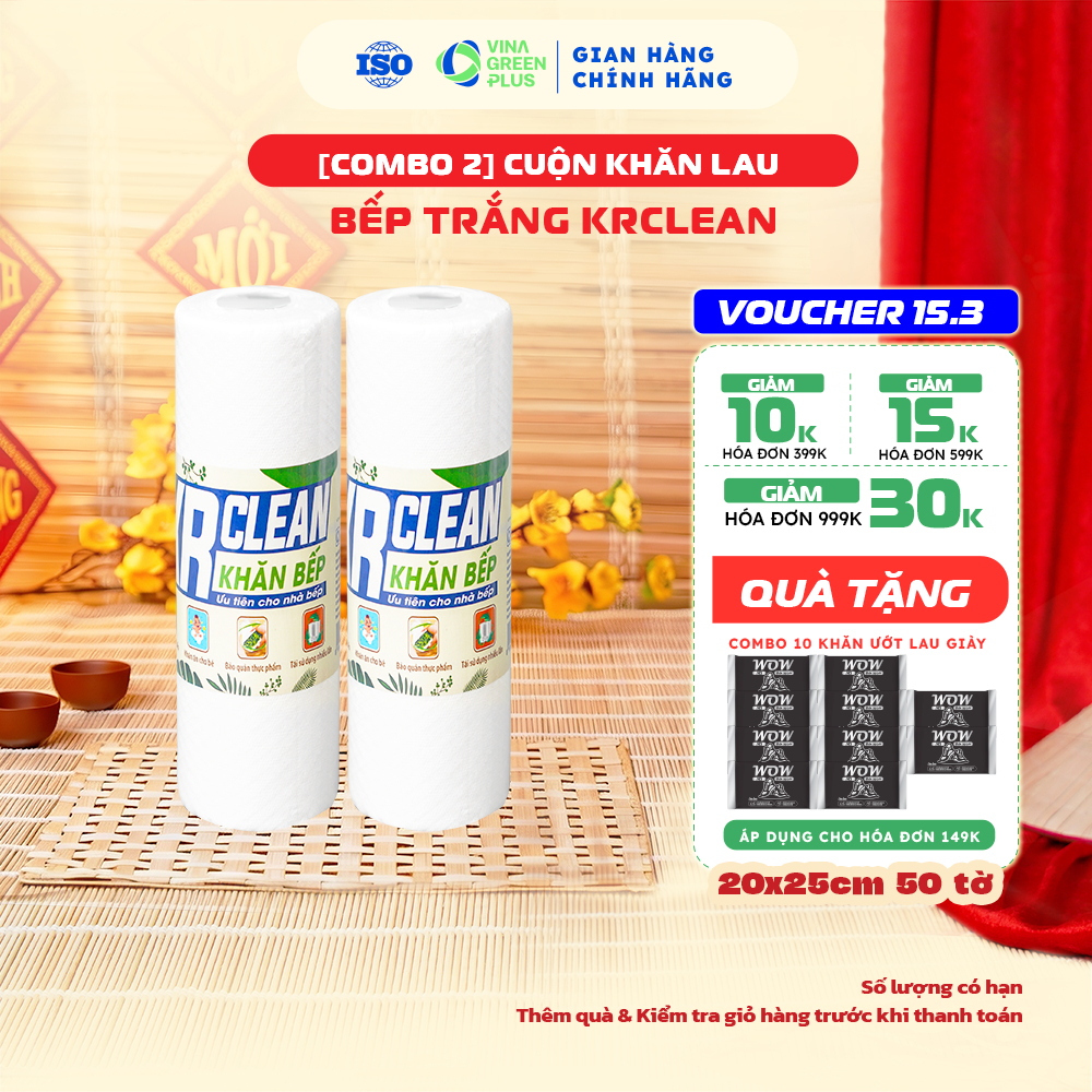 [COMBO 2] Cuộn khăn giấy lau bếp trắng KRCLEAN 50 tờ siêu sạch, thấm hút tốt, lau chén bát, bề mặt c