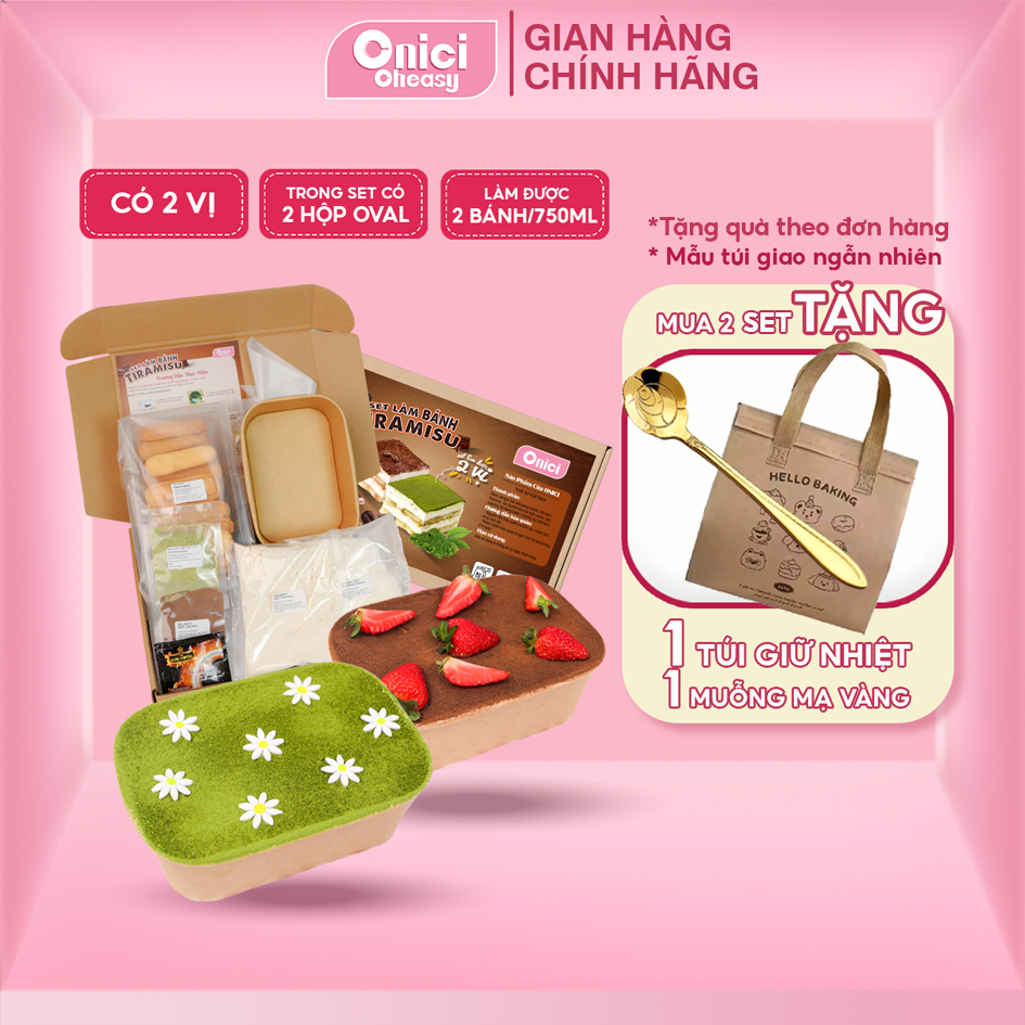 Set làm bánh tiramisu hộp thượng hạng 2 vị matcha, cacao ONICI thành phẩm 2 hộp (750ml/hộp)