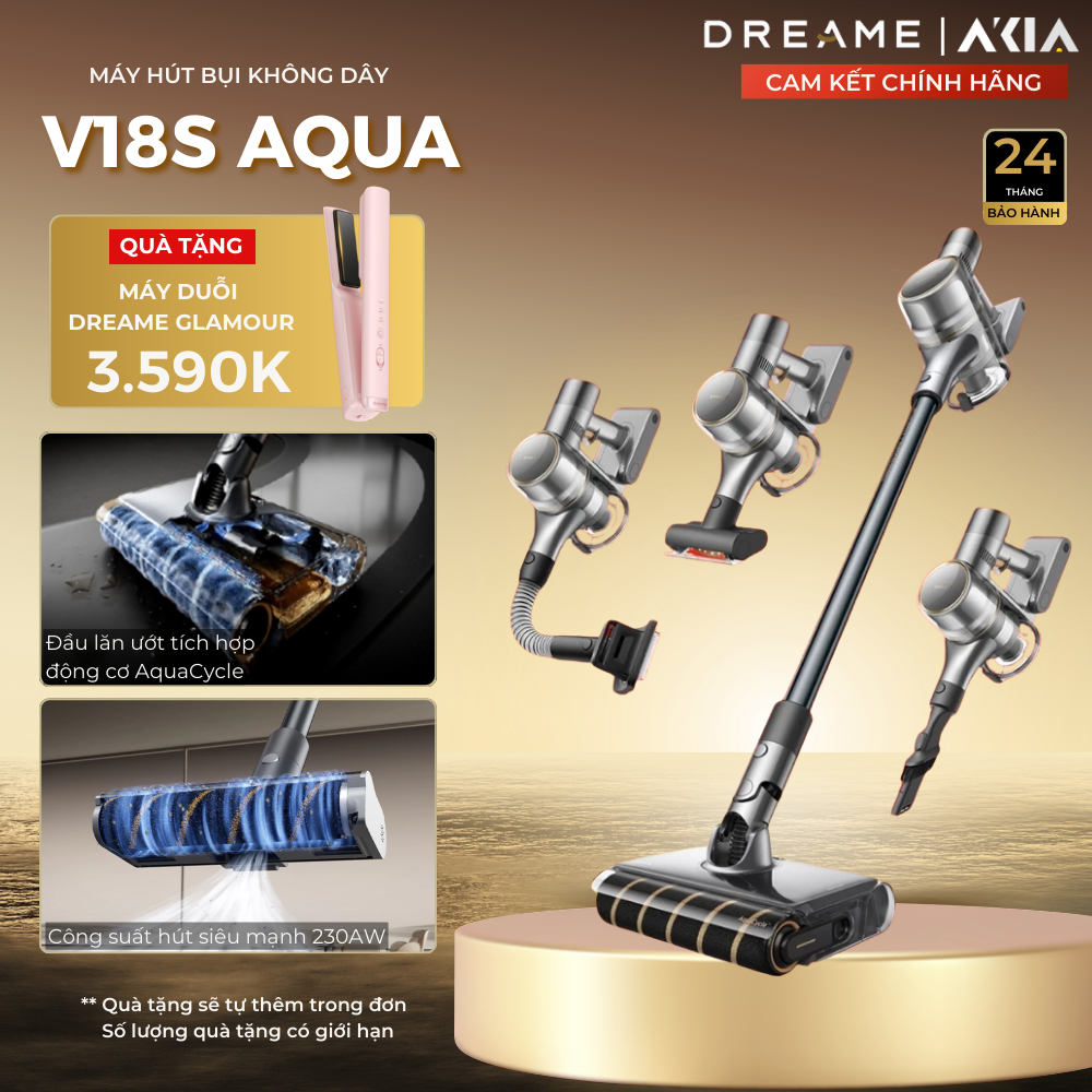 Máy hút bụi không dây Dreame V18S Aqua đa năng - Tích hợp cuộn lăn ướt - Hút & chải lông thú cưng - 