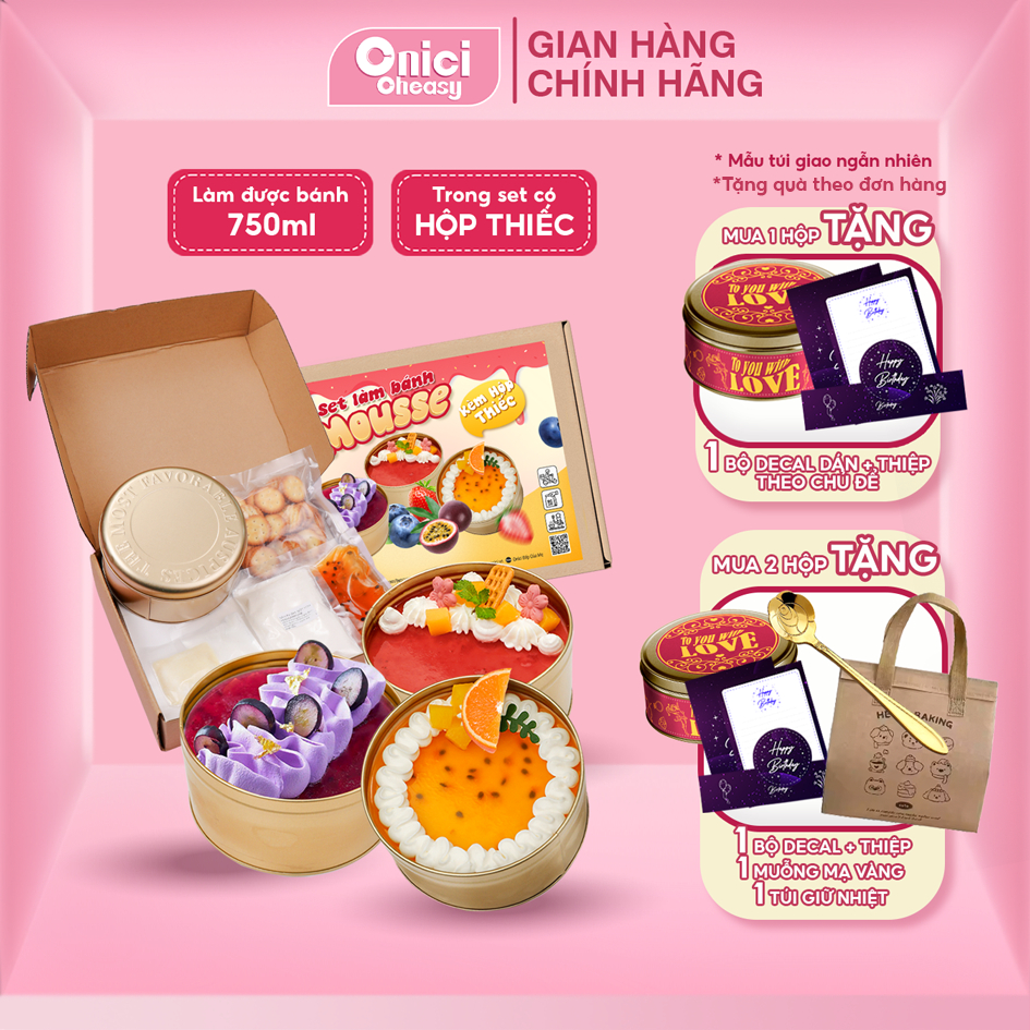 Set làm bánh mousse HỘP THIẾC 3 vị dâu, việt quất, chanh dây tự chọn ONICI thành phẩm 750ml/bánh