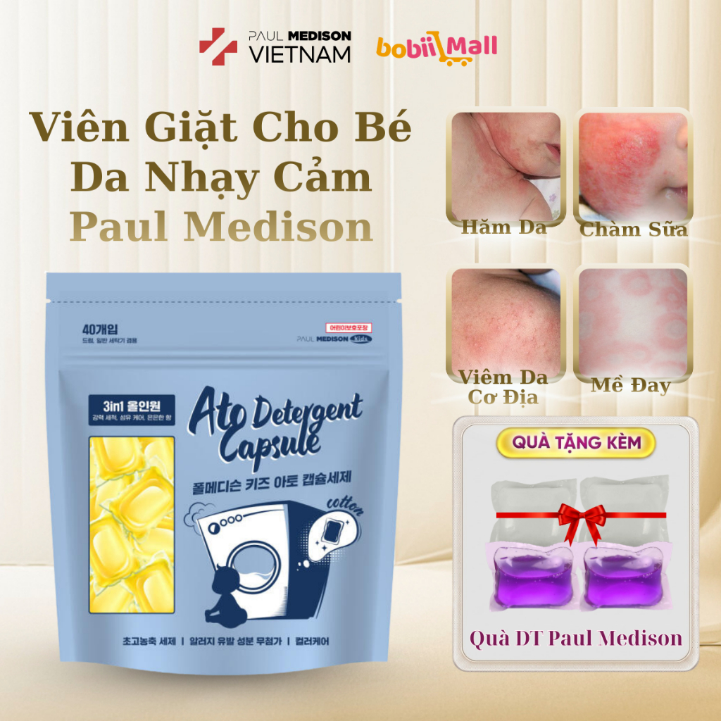 [CHUYÊN BIỆT DA NHẠY CẢM] Viên Giặt Hàn Quốc PAUL MEDISON Dịu Nhẹ Cho Bé Phù Hợp Da Chàm Sữa, Chống Dị Ứng |Túi 40 Viên