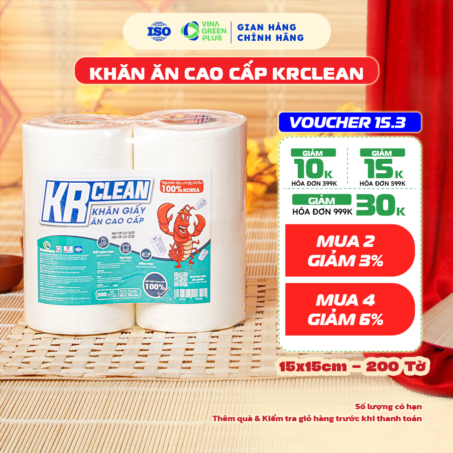 1 cặp cuộn khăn giấy ăn cao cấp KRCLEAN, khăn giấy đa năng, khăn lau tay, khăn ăn tiệc nhà hàng