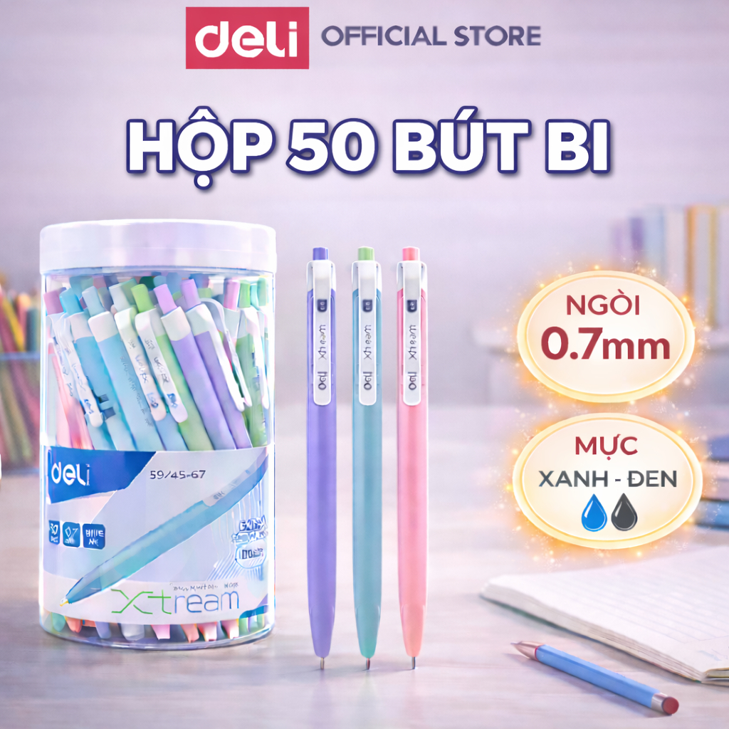[DELI VPP] Hộp 50 bút bi bấm văn phòng mực xanh đen đỏ ngòi 0.7mm Deli giá rẻ viết nét đều trơn tru phù hợp học sinh