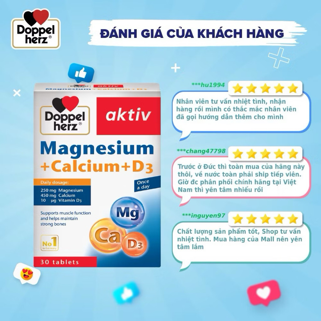 Viên uống bổ sung canxi magie Doppelherz Magnesium + Calcium + D3 Đức