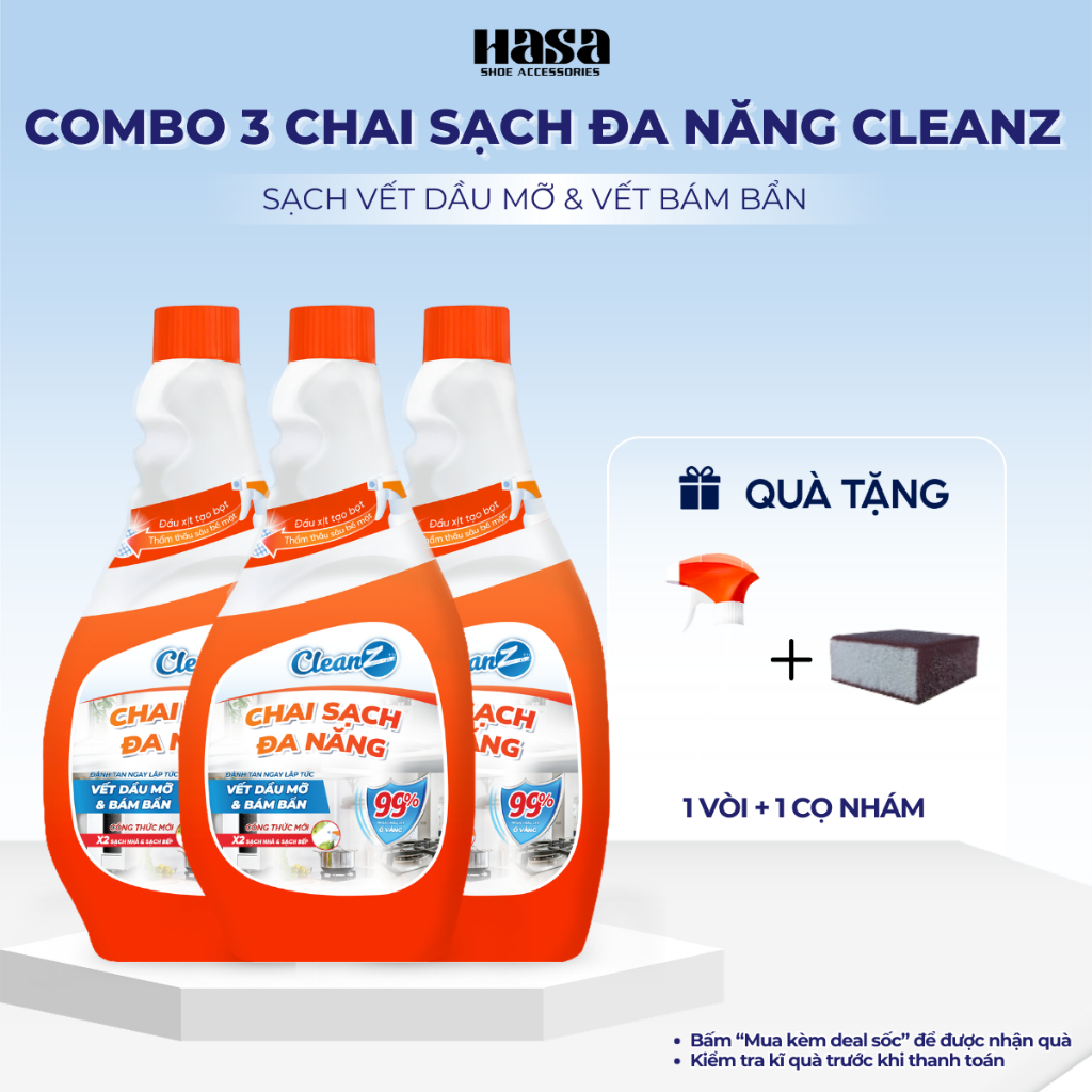Combo 3 Chai Sạch Đa Năng Nhà Bếp Cleanz Làm Sạch Dầu Mỡ, Vết Ố Vàng, Thơm Mùi Chanh Dịu Nhẹ 450ml