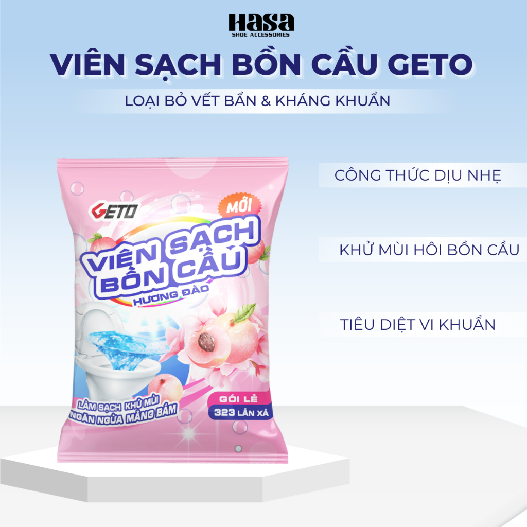Viên thả bồn cầu GETO sạch khuẩn thơm mát tẩy sạch mảng bám khử mùi diệt vi khuẩn toilet thế hệ mới hương đào