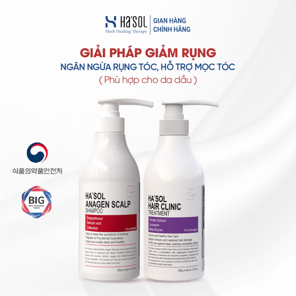 Giải Pháp Hỗ Trợ Giảm Rụng Tóc, Hỗ Trợ Mọc Tóc Ha'sol Anagen Scalp Shampoo 500g + Kem Ủ Hasol Hair C