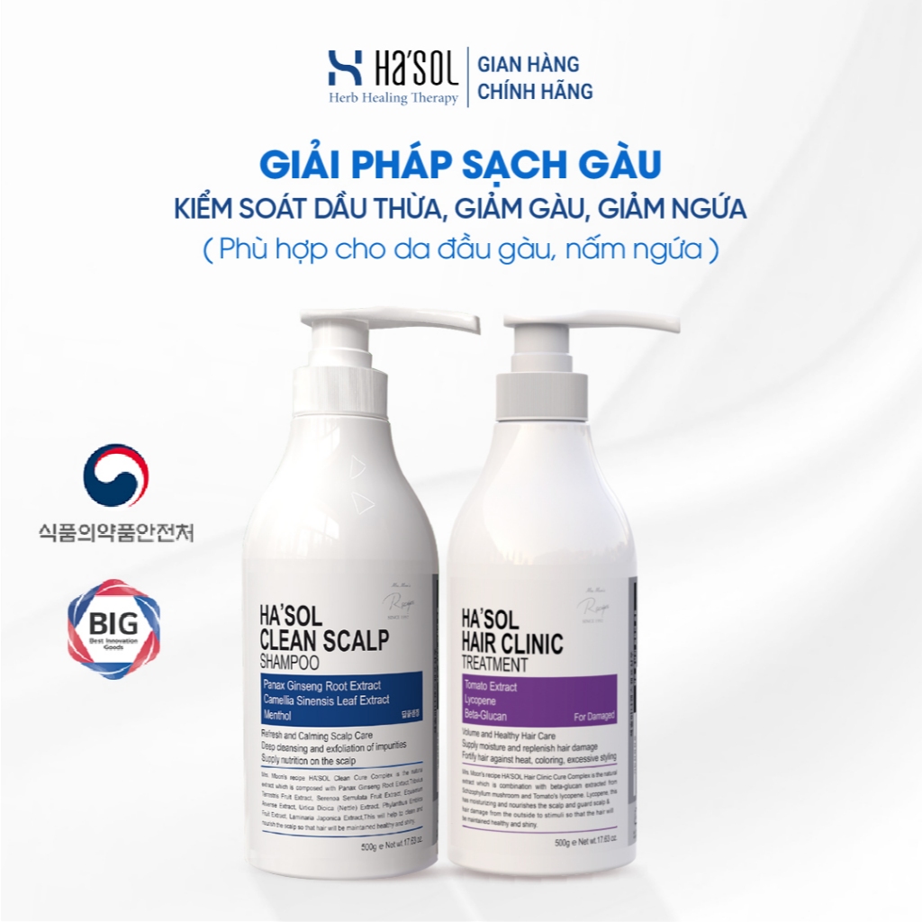 Giải Pháp Giảm Gàu Nấm Ngứa Dầu Gội Ha'sol Clean Scalp Shampoo + Kem Ủ Phục Hồi Tóc Hư Tổn Ha'sol Ha