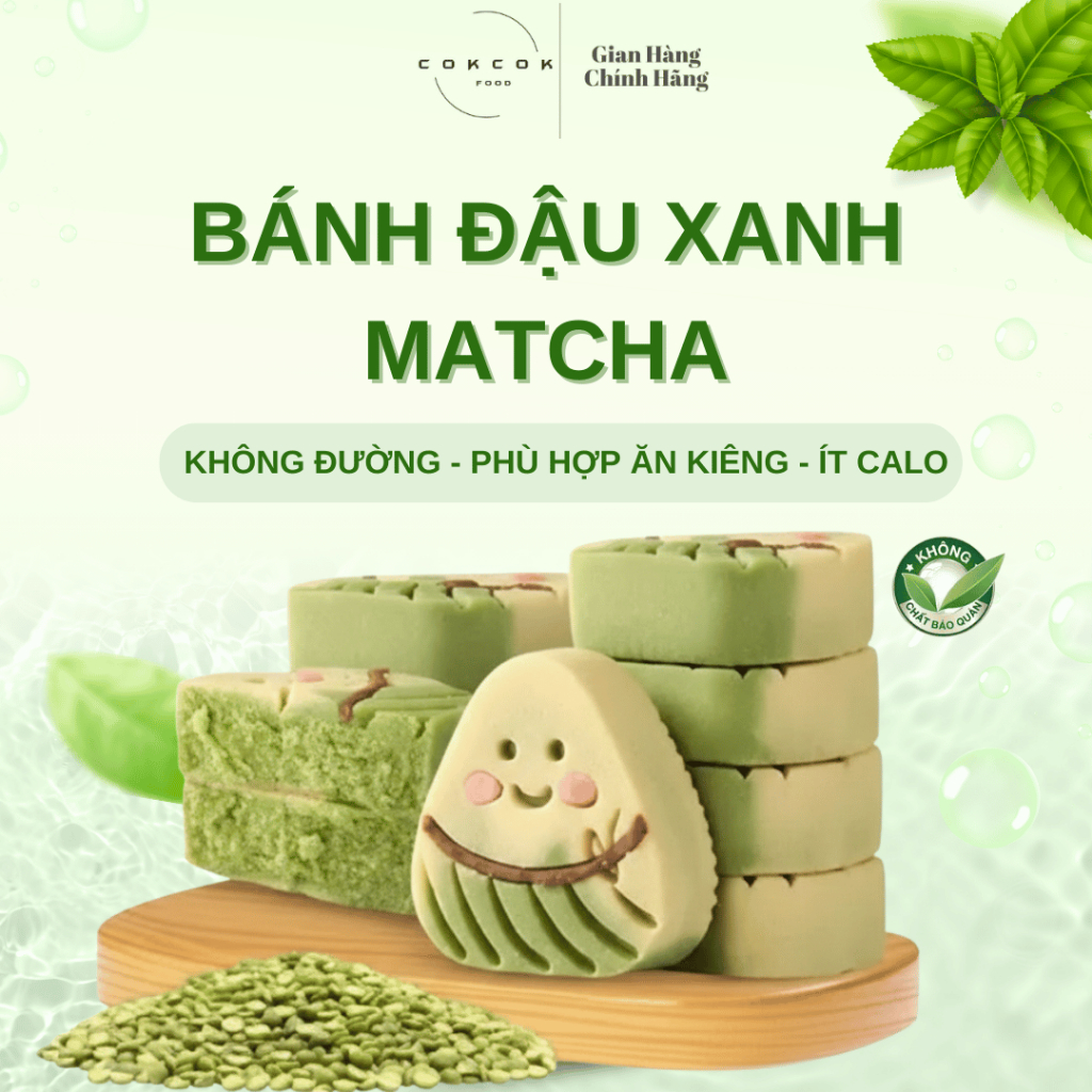 Bánh Đậu Xanh Matcha Không Đường CokcokFood - Bánh Ít Calo Healthy, Bánh Ăn Kiêng Eat Clean, Ăn Sáng & Bữa Phụ Lành Mạnh