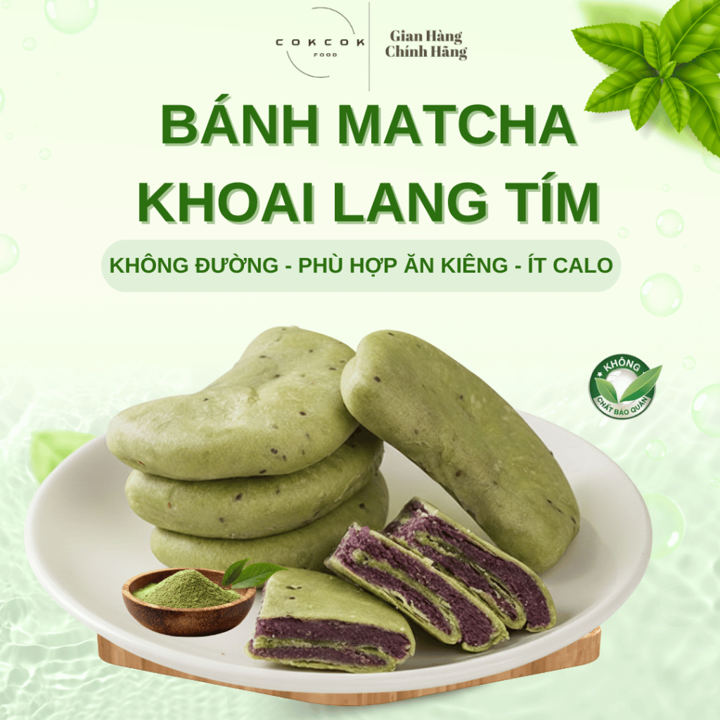 [BÁN CHẠY] Bánh Matcha Khoai Lang Tím Không Đường COKCOKFOOD, Bánh Ăn Vặt Nhẹ Nhàng Healthy, Ít Calo, Phù Hợp Ăn Kiêng