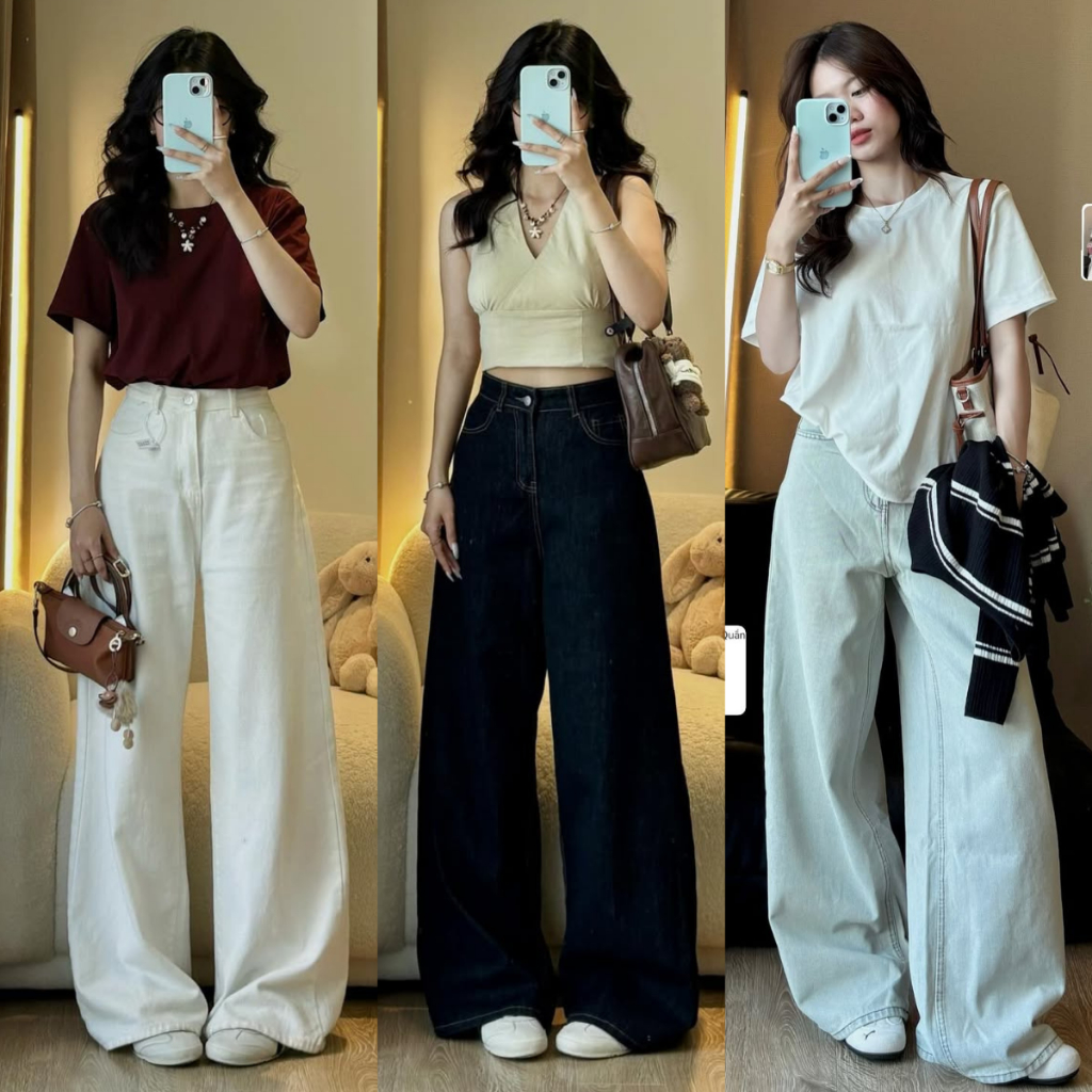 Quần Jean Nữ MIAA ống Suông Rộng Màu đen xám Lưng Cao Dáng Suông Chất Jean vải Trắng mềm CẠP CAO bigsize