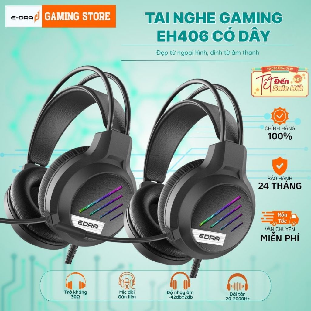 Tai Nghe Chơi Game E-DRA EH406, EH404 Chụp tai Có dây Mic Đa Hướng LED RGB Hàng chính hãng
