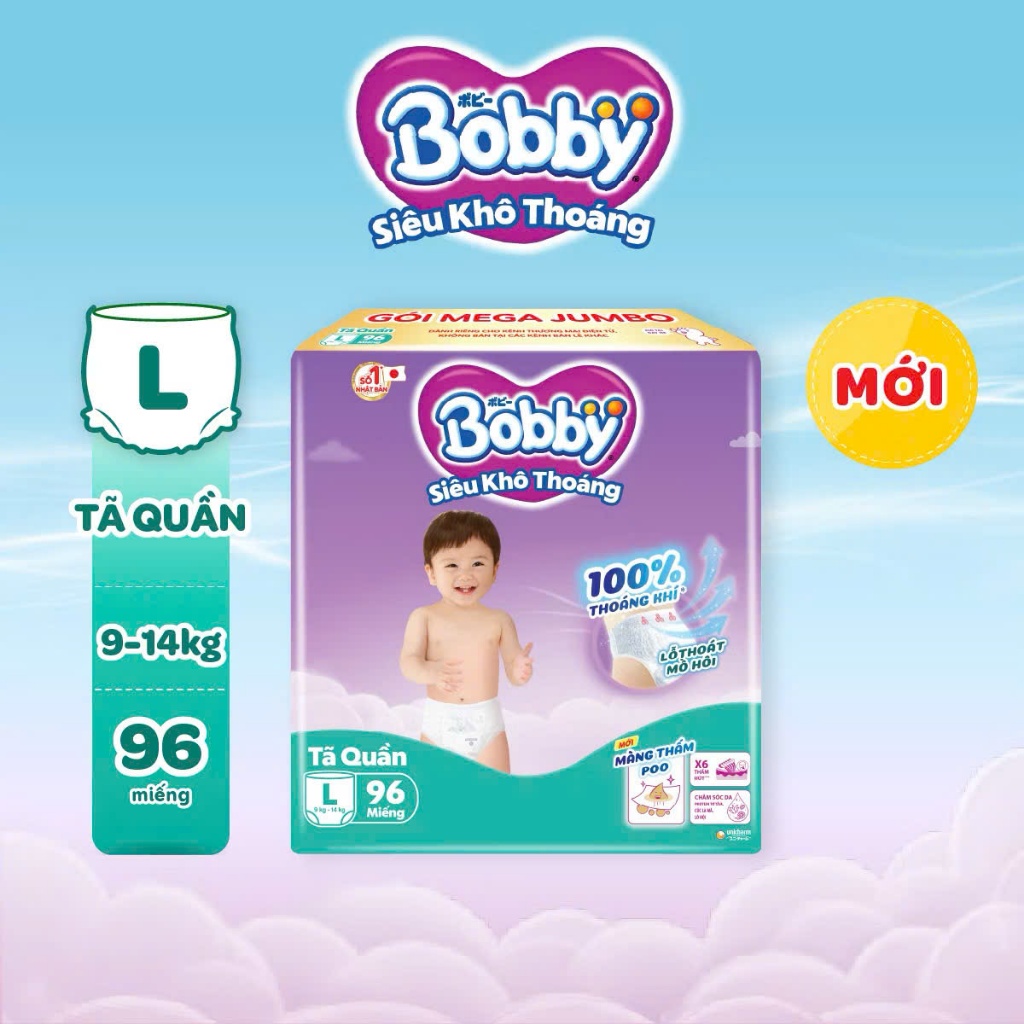 Tã quần Bobby Siêu Khô Thoáng - 100% Thoáng Khí Mega Jumbo - Size L96