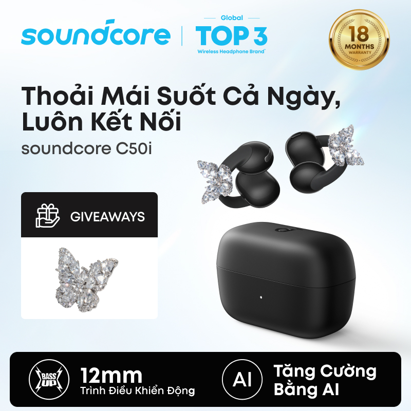 Soundcore C50i by Anker Open-Ear Headphones, Clip-On Earbuds, AI-Enhanced Calls 12mm Drivers for Powerful Bass, D1101