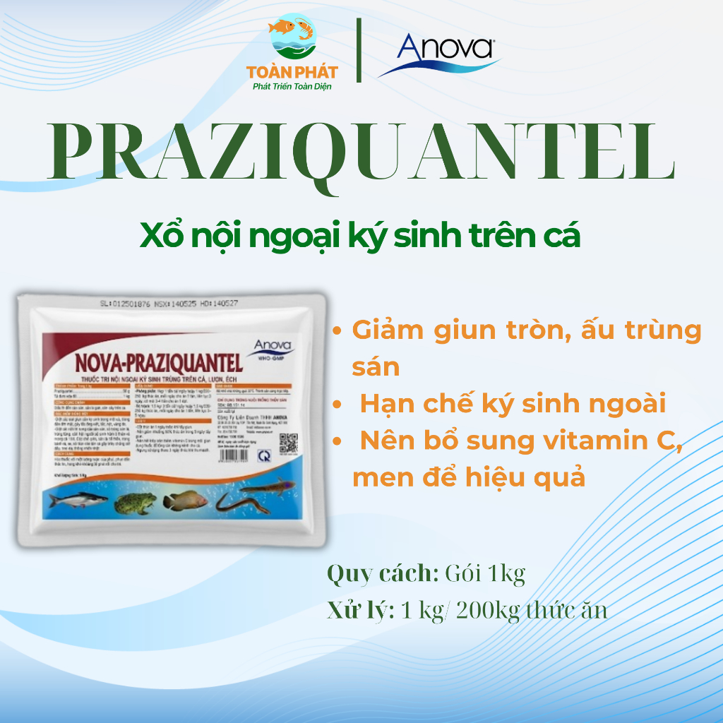 Anova Praziquantel - Diệt nhanh giun tròn, ấu trùng, sán lá, gói1 kg