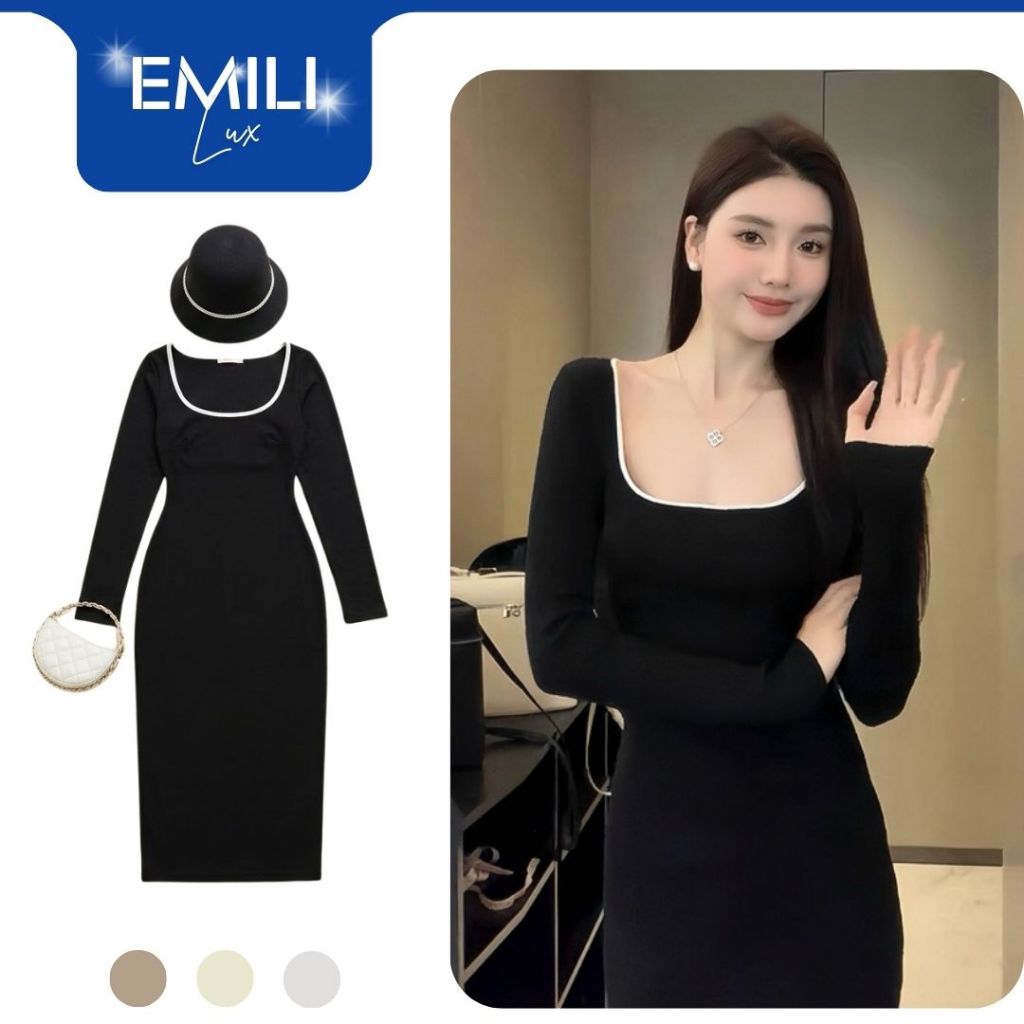 Đầm body cổ vuông Emili, đầm body dài tay chất Xleo sang chảnh [V238]