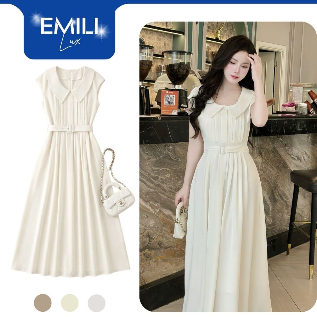 Đầm tiểu thư cổ tròn chân váy xếp li dáng dài Emili Lux phong cách Hàn Quốc đi tiệc, công sở [V530]