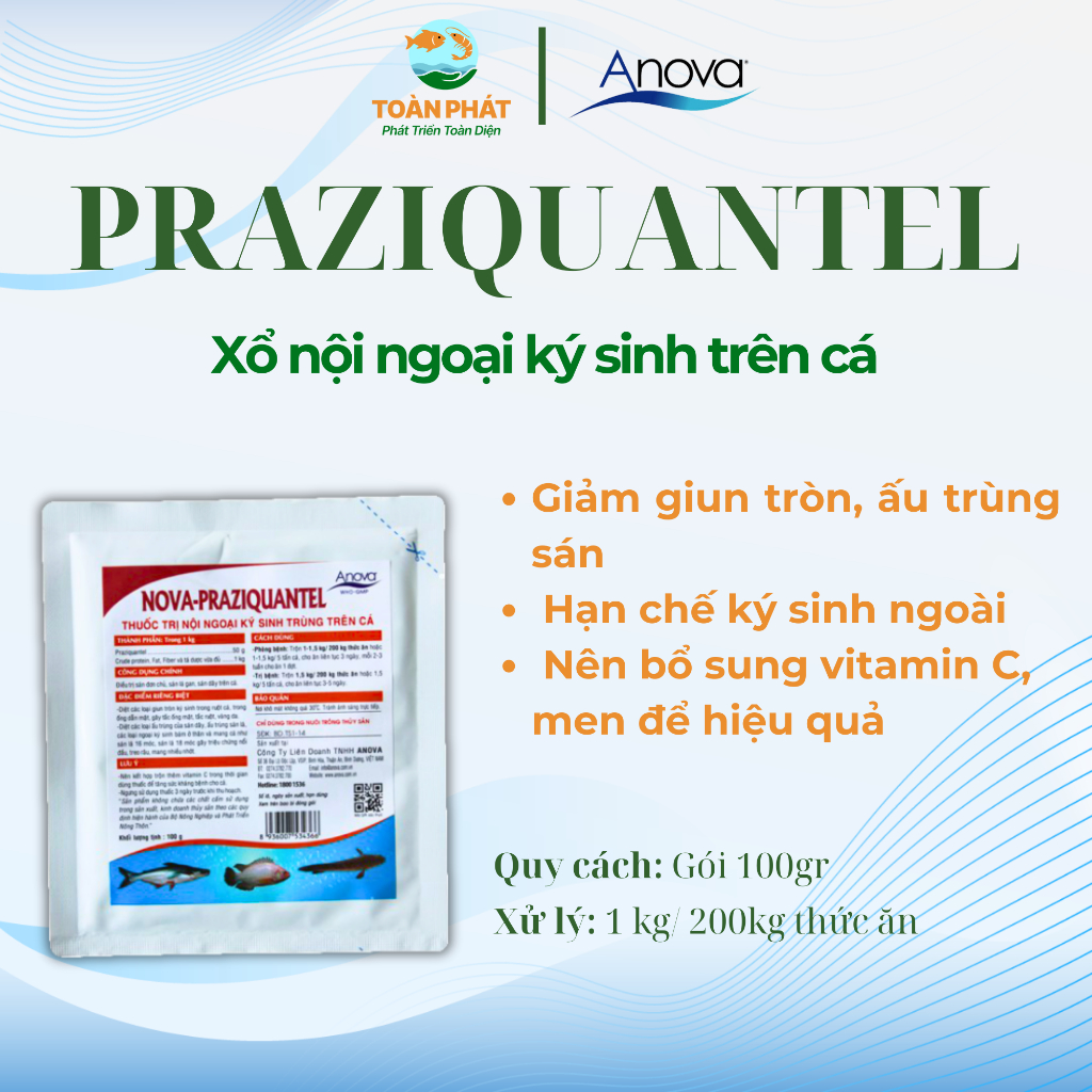 Anova Praziquantel - Diệt nhanh giun tròn, ấu trùng, sán lá, gói 100gr