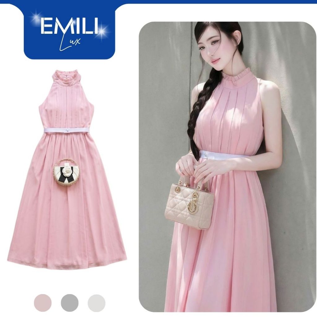 Đầm cổ yếm dáng dài chiết eo kèm thắt lưng Emili Lux váy tiểu thư voan tơ thướt tha đi tiệc [V558]