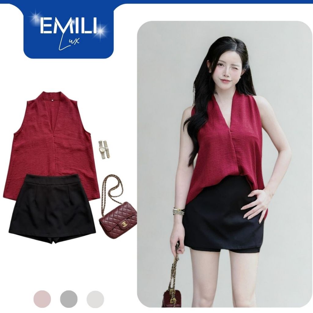 Áo cổ yếm chữ V sát nách sang trọng EMILI LUX đi tiệc, hẹn hò, đi biển kiểu nữ màu đỏ đô [A78]