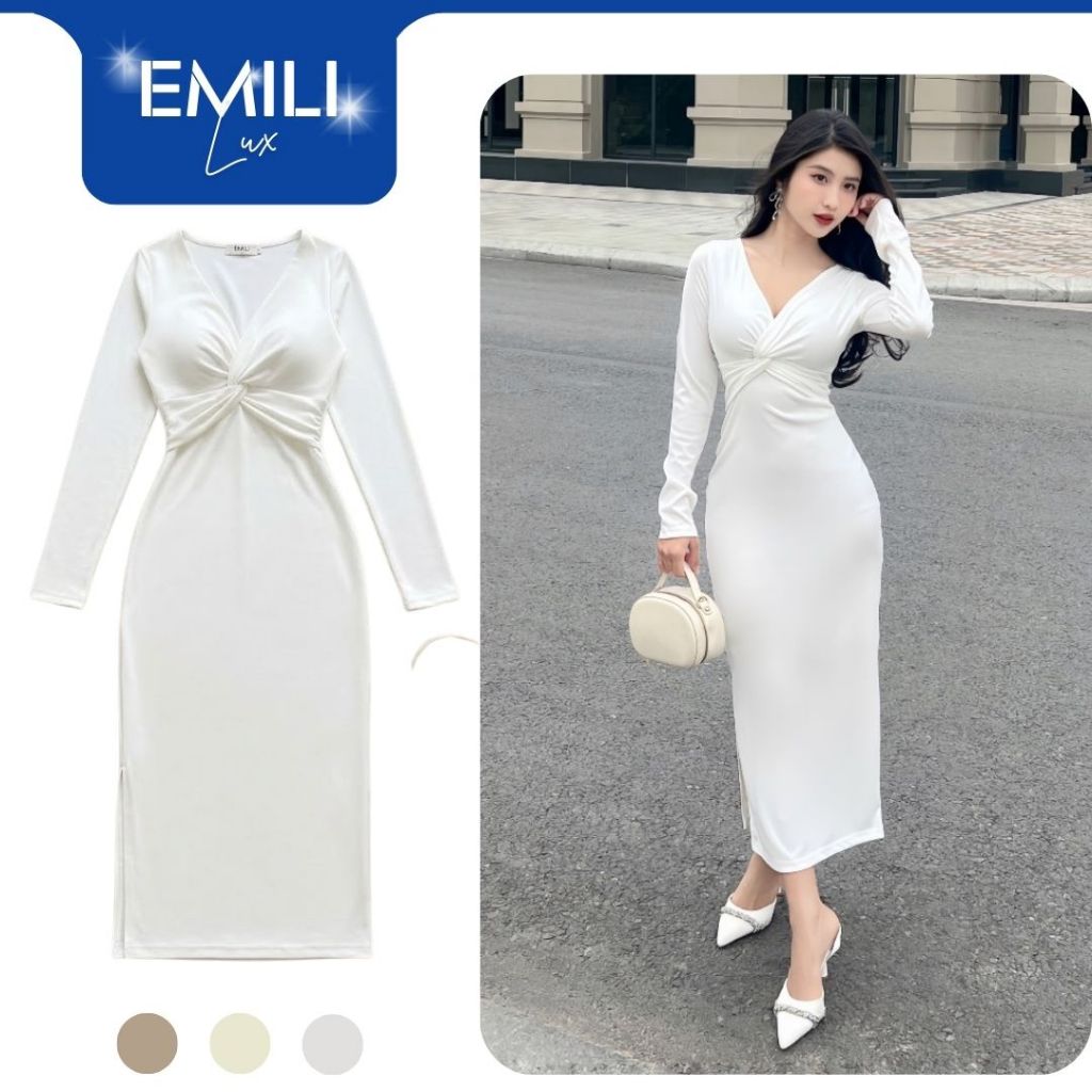 Đầm body len dài tay Emili, đầm body len cổ chữ V sang chảnh [V241]