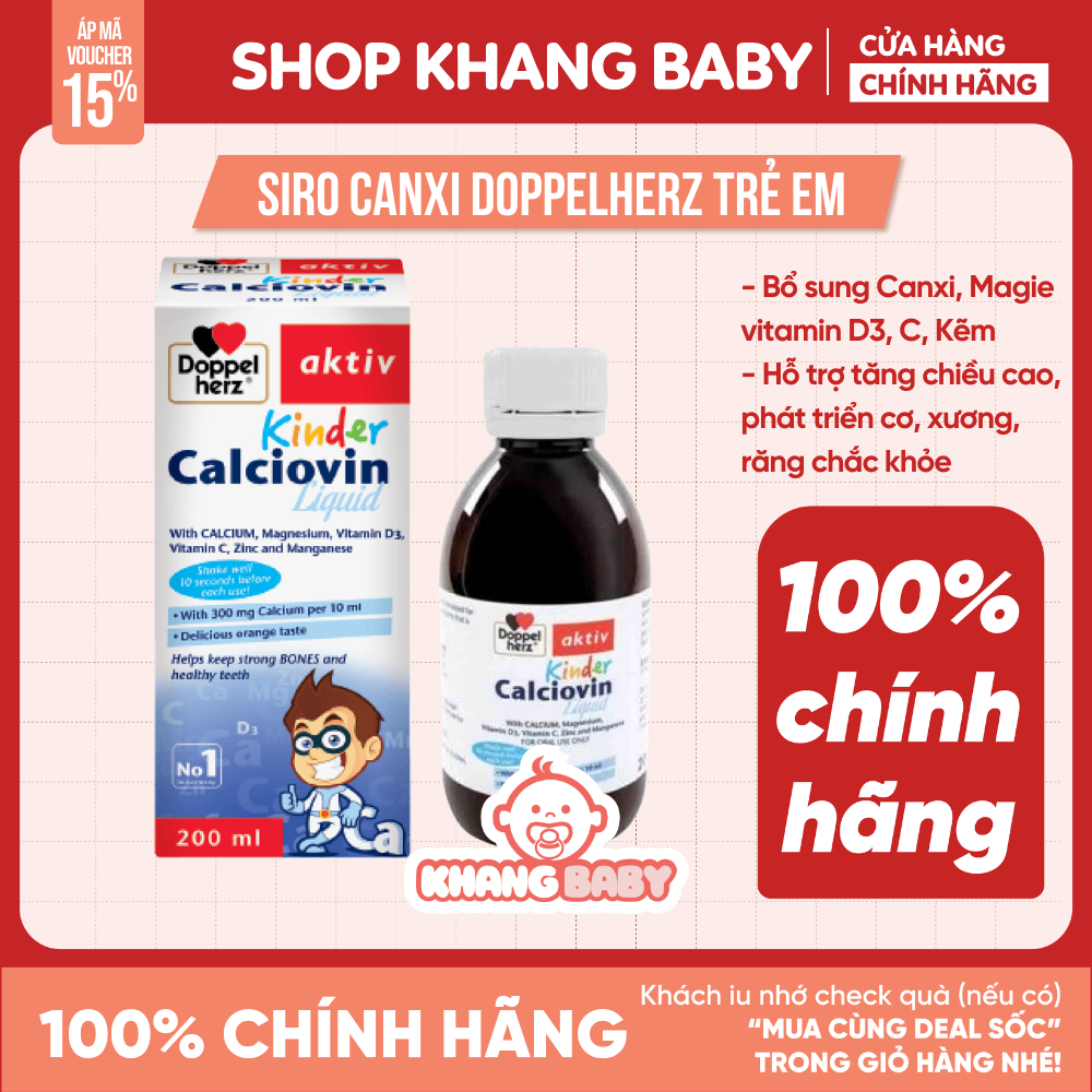 Siro canxi cho bé Doppelherz Kinder Calciovin bổ sung canxi hữu cơ hỗ trợ tăng chiều cao, xương chắc